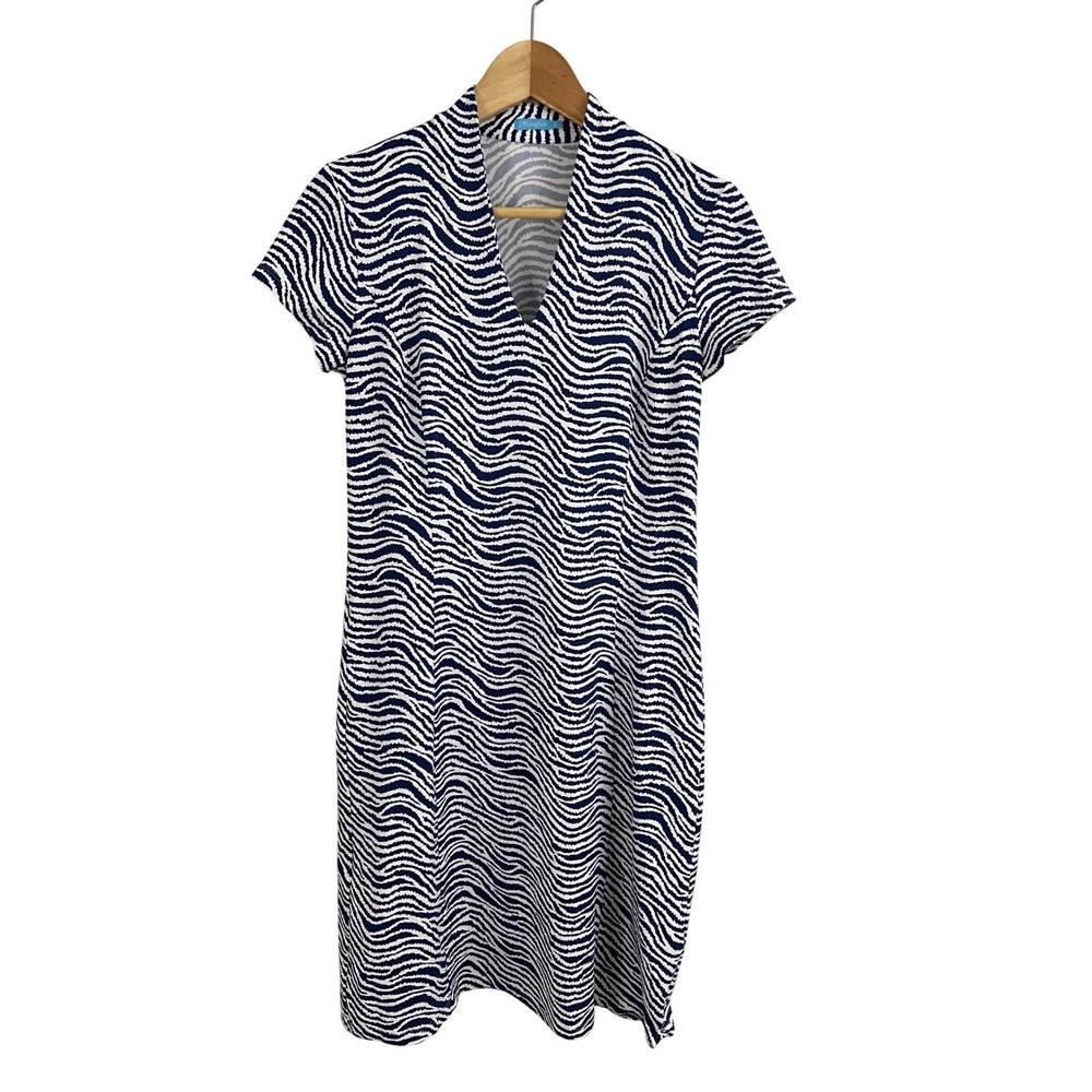 J.McLaughlin Shift Dress Size S Blue White Zebra Stripe Catalina Cloth V-Neck